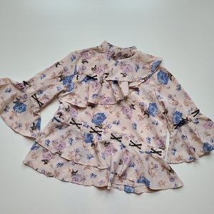 Asos floral print bell sleeve ruffle pink blouse